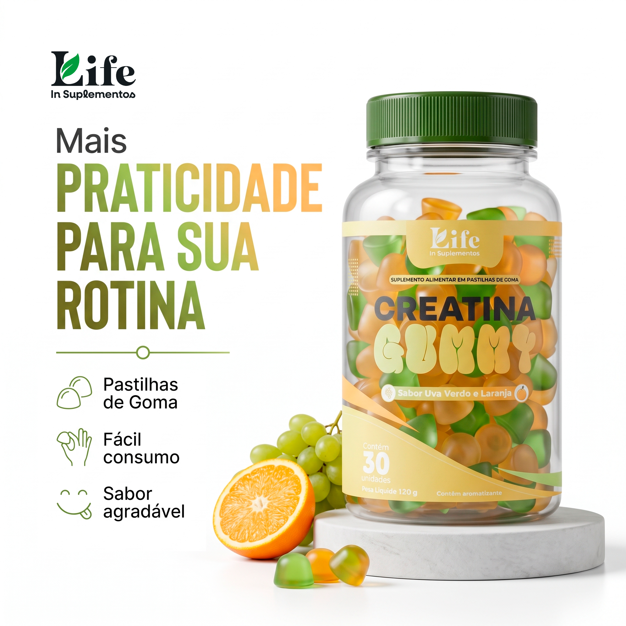 Creatina Gummy LifeIn | Pastilhas de Goma Sabor Uva Verde e Laranja | 30 Unidades