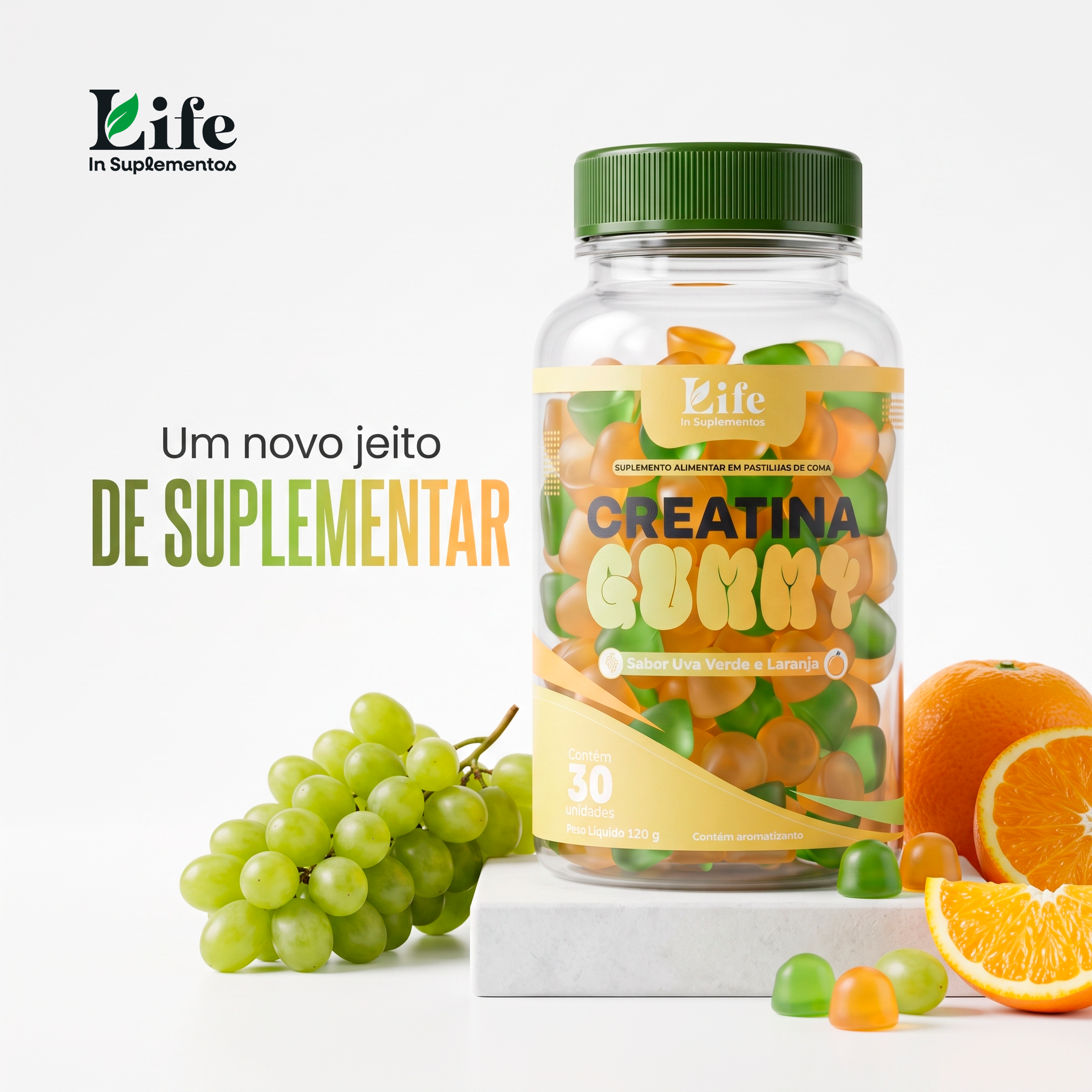 Creatina Gummy LifeIn | Pastilhas de Goma Sabor Uva Verde e Laranja | 30 Unidades