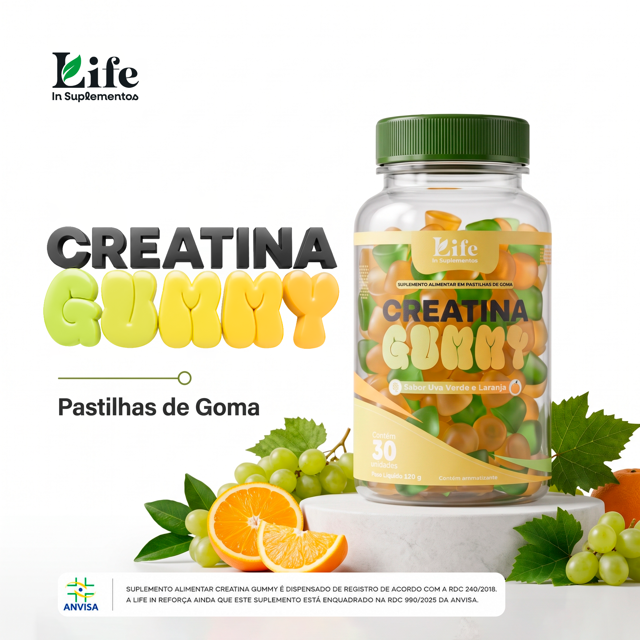 Creatina Gummy LifeIn | Pastilhas de Goma Sabor Uva Verde e Laranja | 30 Unidades