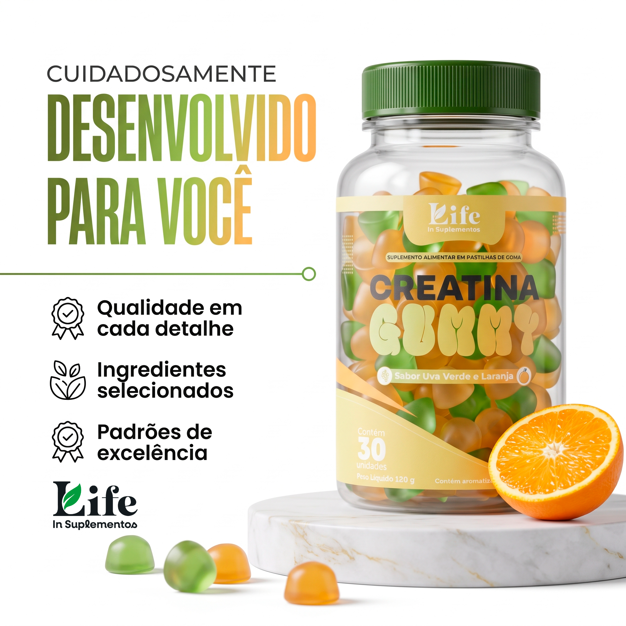 Creatina Gummy LifeIn | Pastilhas de Goma Sabor Uva Verde e Laranja | 30 Unidades