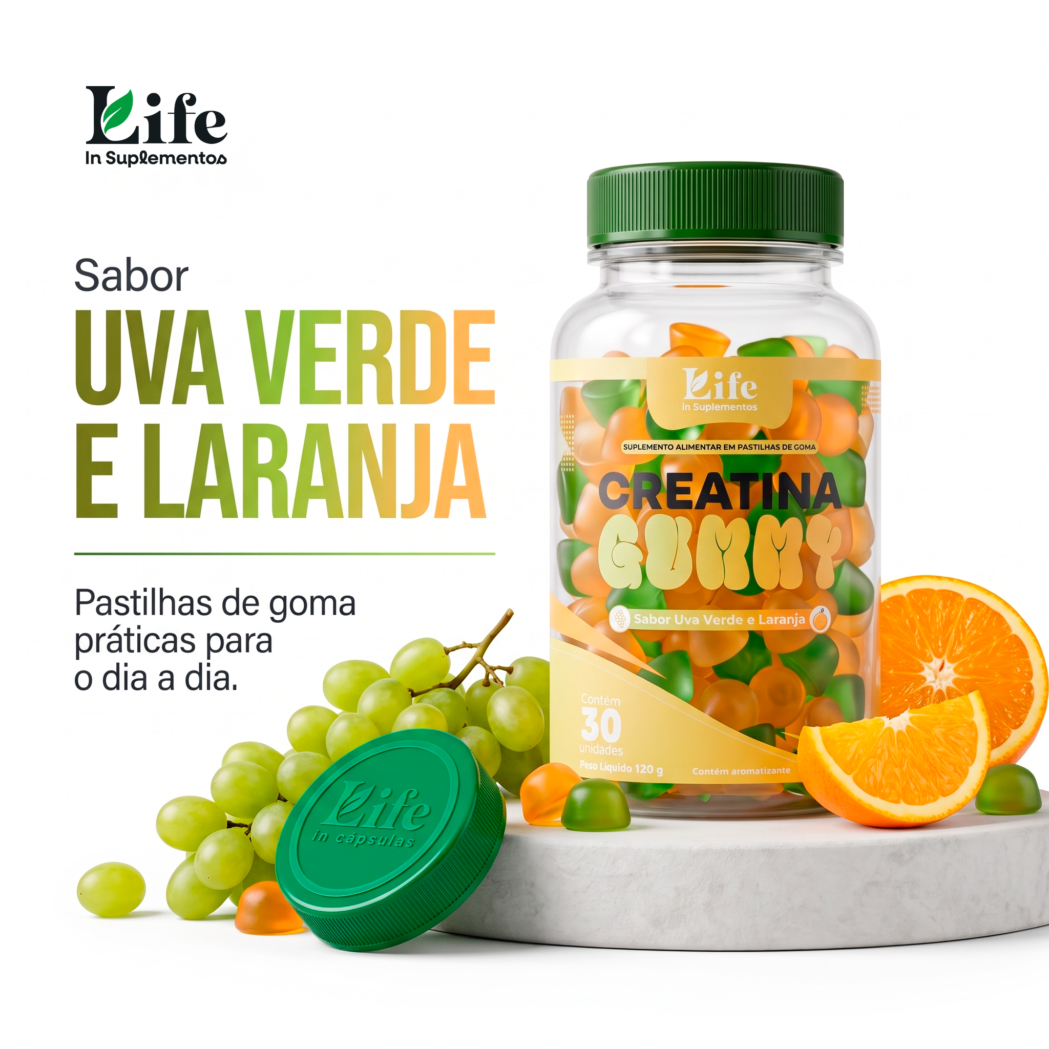 Creatina Gummy LifeIn | Pastilhas de Goma Sabor Uva Verde e Laranja | 30 Unidades